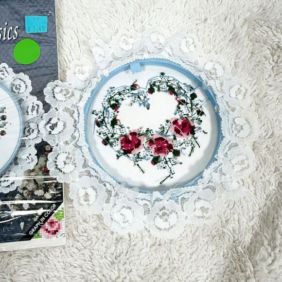 Vintage Mini Classics Cross stitch finished Rose Heart Floral Lace Wall Decor - Picture 6 of 8